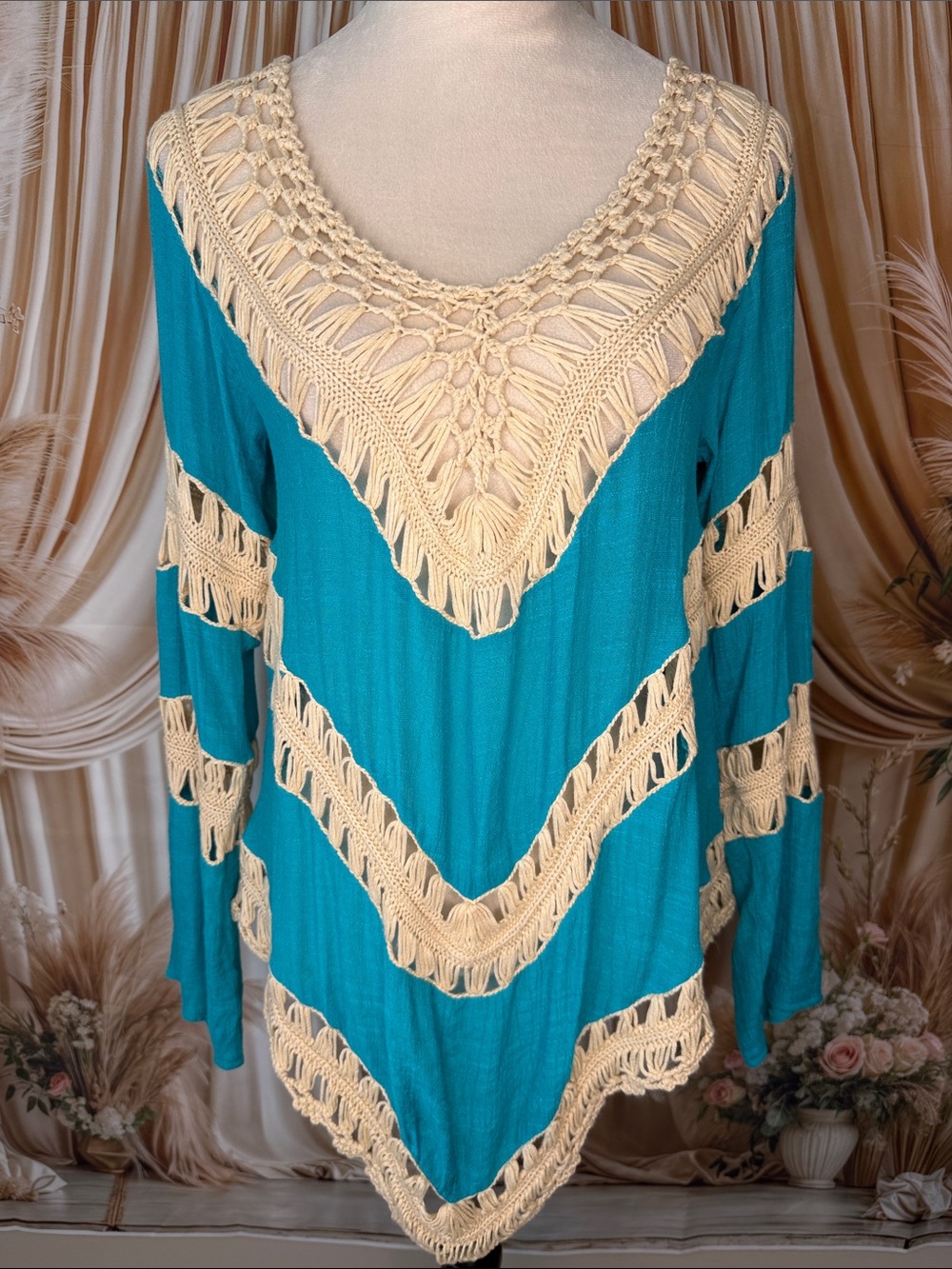 Umgee Teal Tunic with Cream Crochet Accents